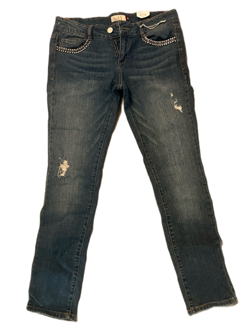 Women's Straight-Leg Jeans with Rhinestone Pocket Trim Dark Wash/Distressed